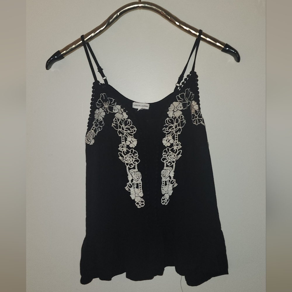 Love on a Hanger Black Tank Top with Cream Embroidery Sz M Hippie Boho